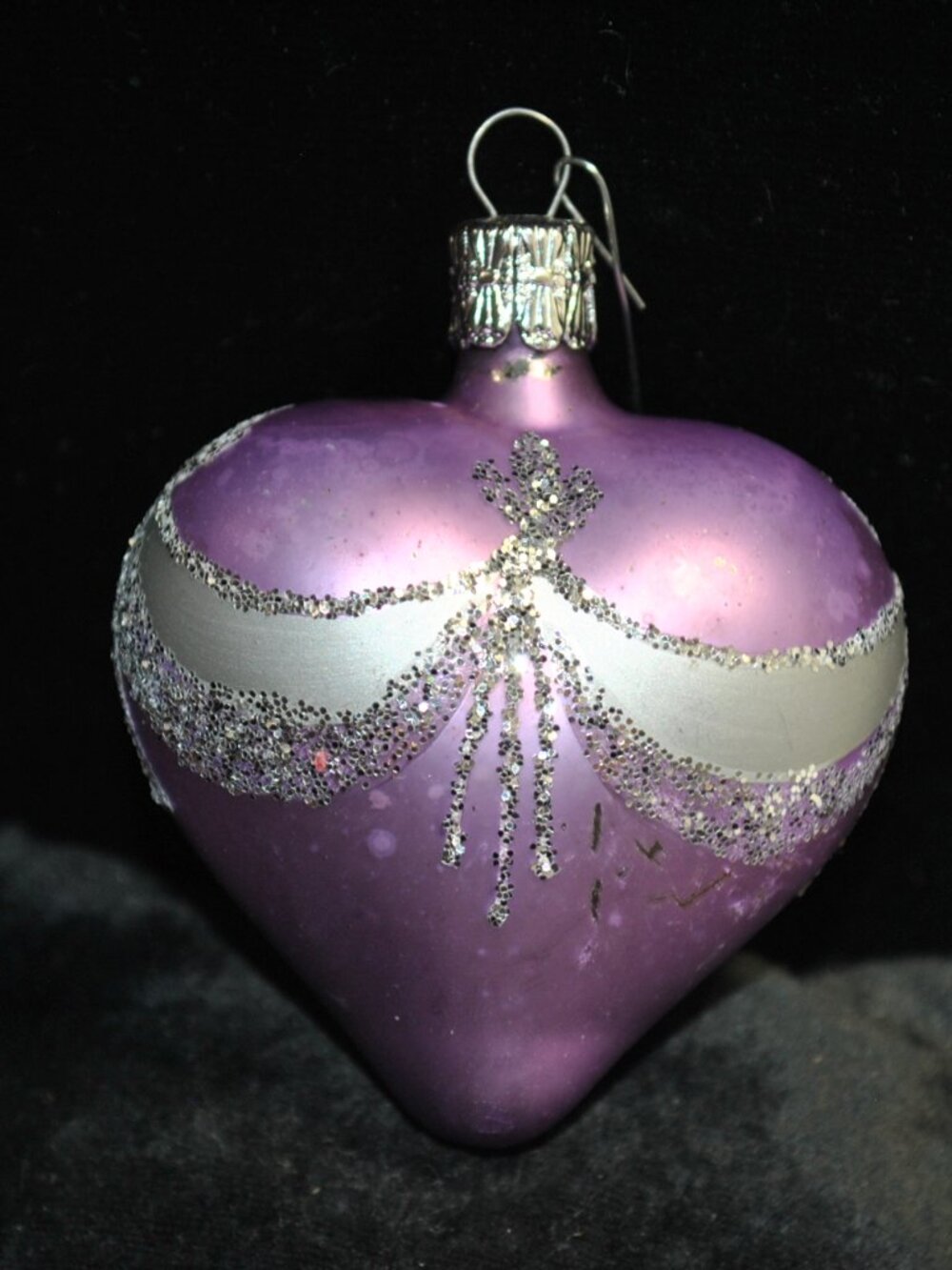Vintage Czechoslovakia Made Purple Glass Heart Ornament with Silver Glitter
